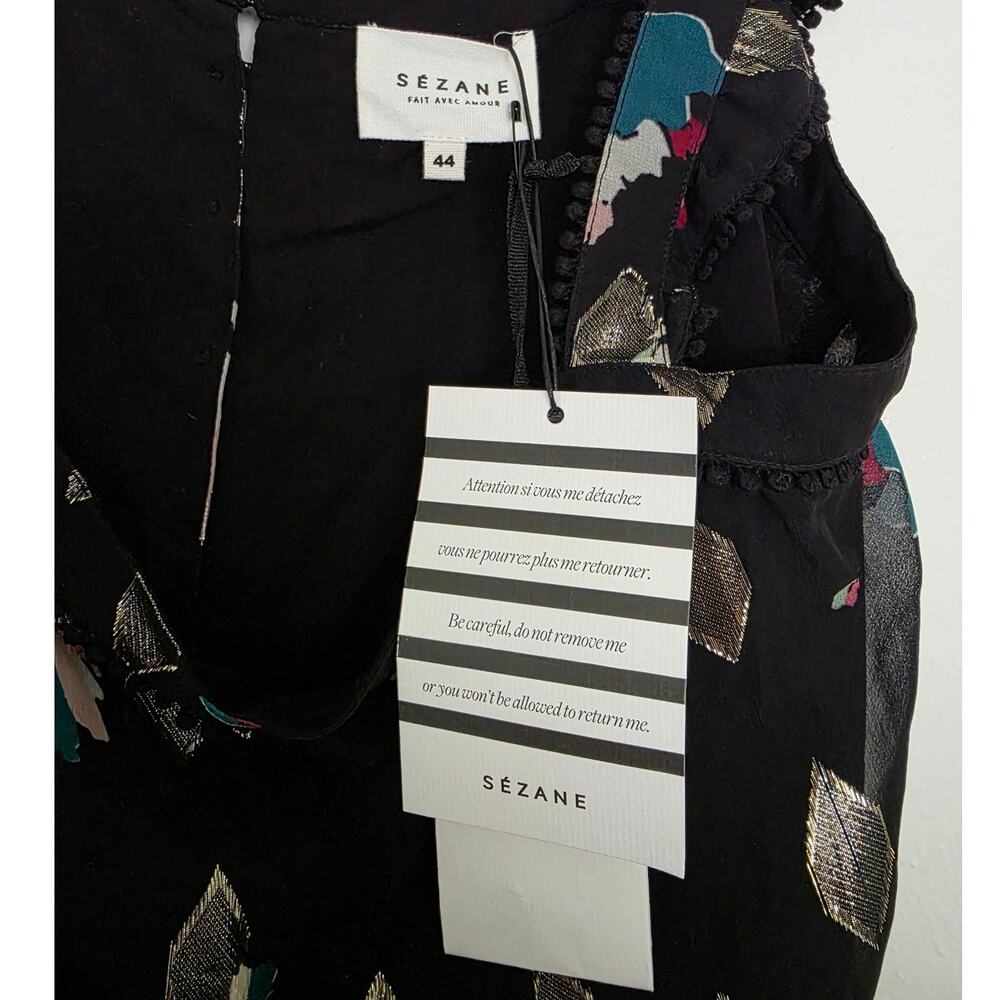 Sezane Abby Blouse Black Metallic Floral Diamond Silk Tank Top Button Down - Picture 6 of 10